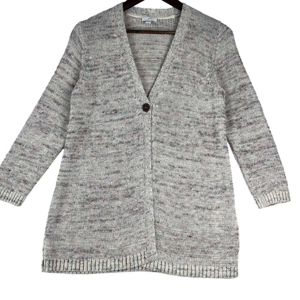 J.Jill Womens Linen Blend Cardigan Sweater Small Gray Marled Knit Button Front